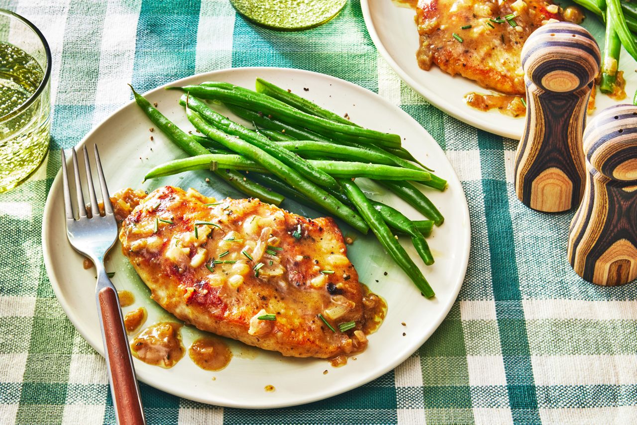 Southern Living Honey Mustard Chicken on a plate to serve with green beans