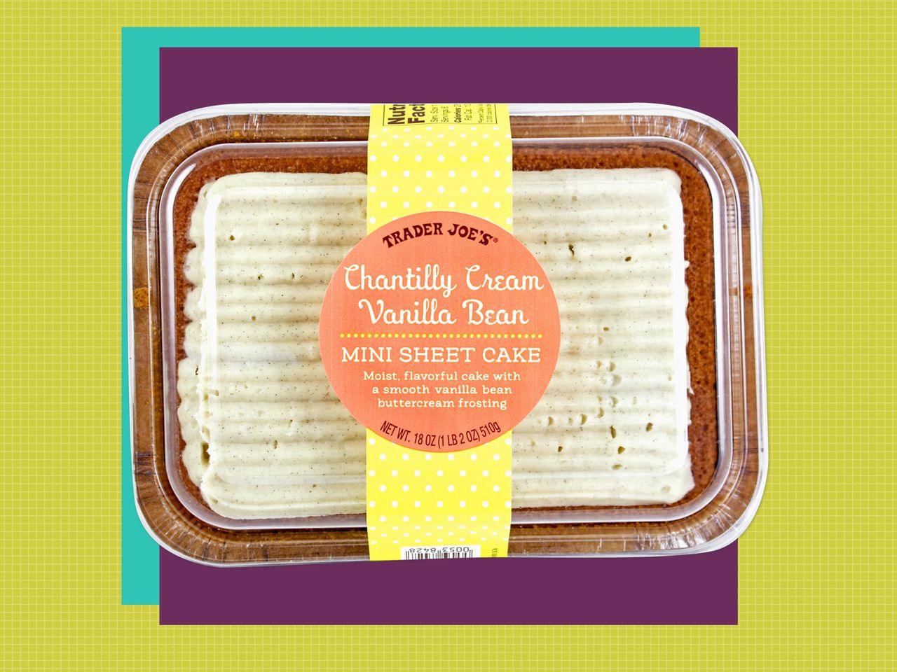 Trader Joe's Chantilly Cream Vanilla Bean mini sheet cake on a purple square with a teal drop shadow in front of a green grid background