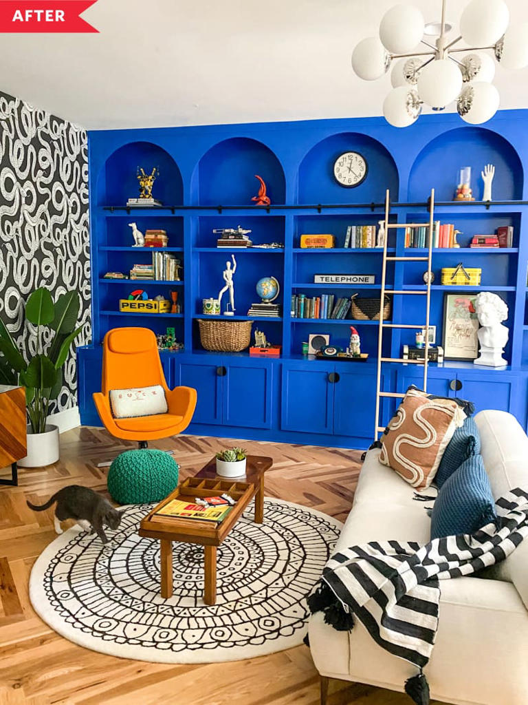A bold color turned a beige everything living room into a family space