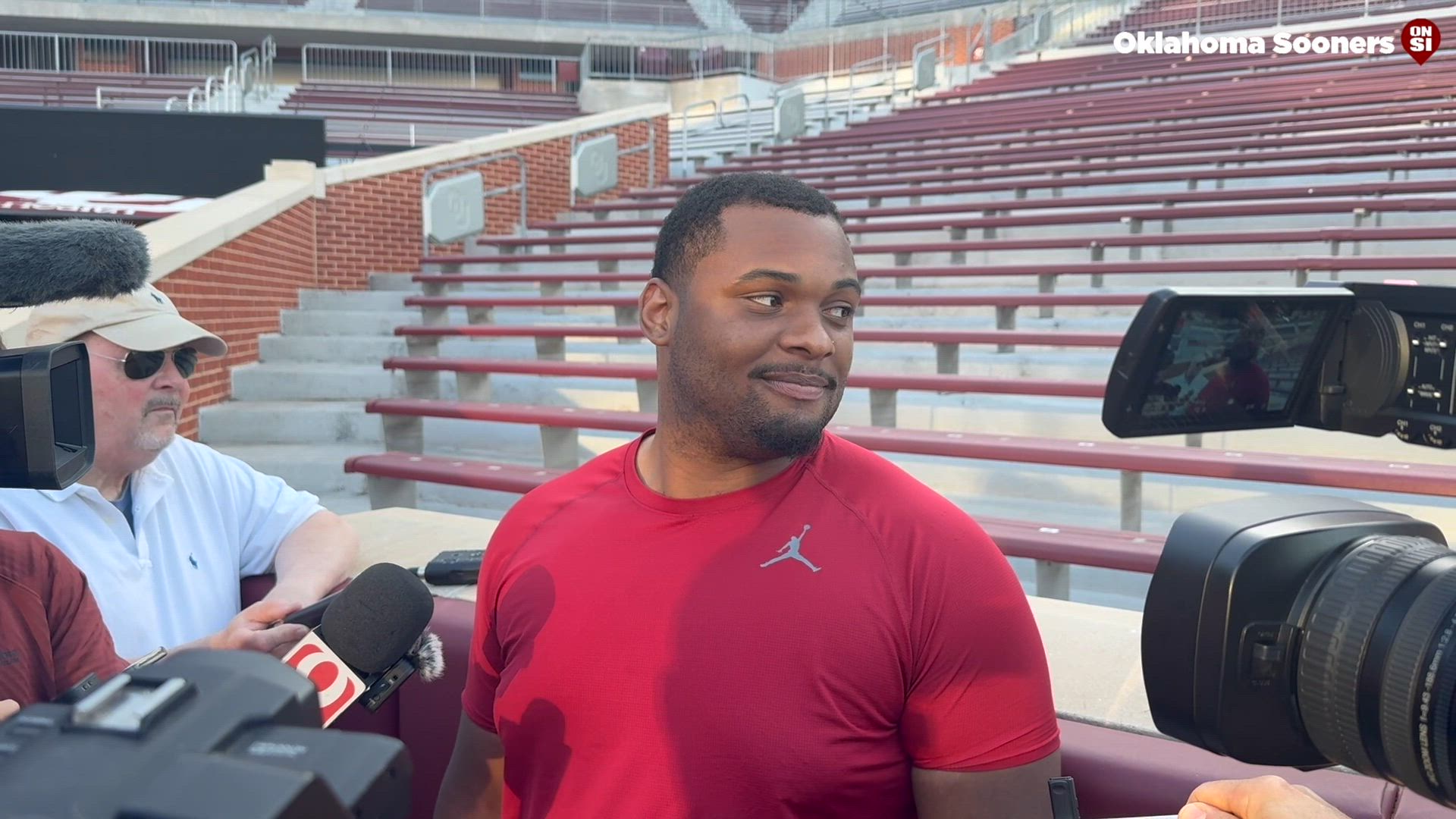 Oklahoma DL Bishop Thomas speaks with the media following spring practice