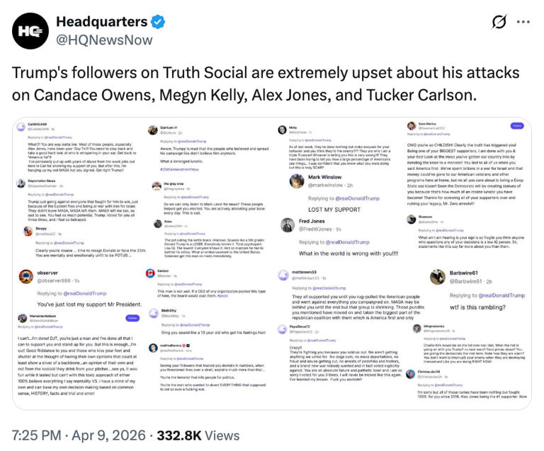 An analysis published by The New York Times on Wednesday found that thousands of Trump’s own supporters have lashed out on Truth Social over his handling of the conflict with Iran.  / Headquarters/X