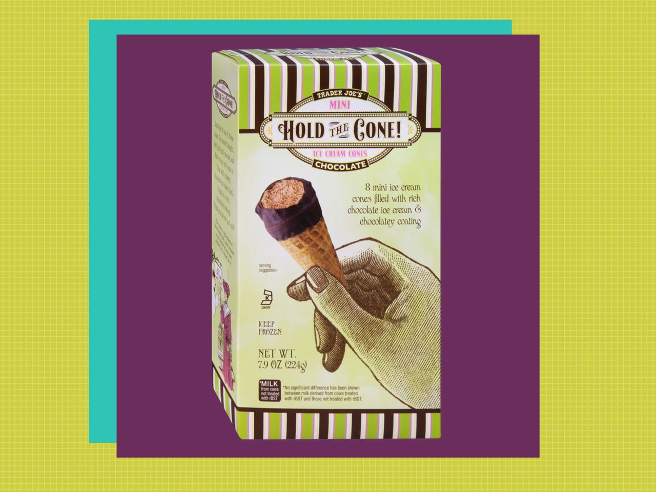 Mini Hold The Cone Ice Cream Cones on a purple square with a teal drop shadow in front of a green grid background
