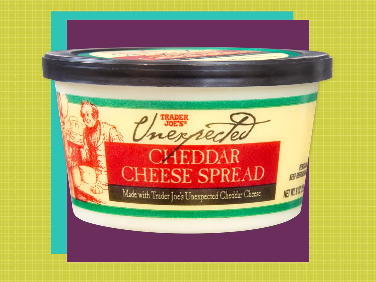 Unexpected Cheddar Cheese Spread on a purple square with a teal drop shadow in front of a green grid background