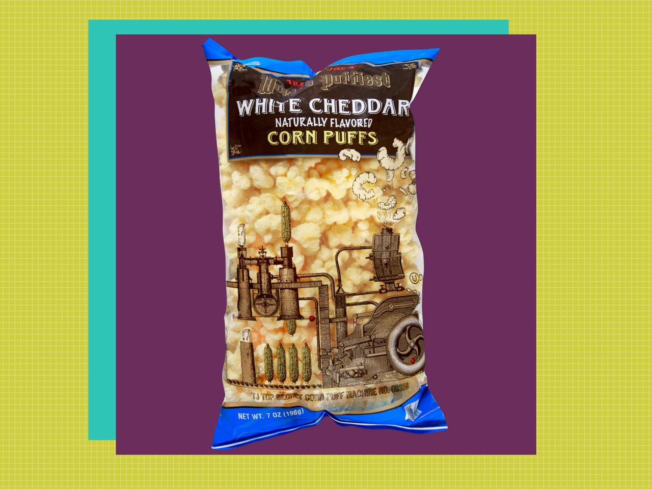 World's Puffiest White Cheddar Corn Puffs on a purple square with a teal drop shadow in front of a green grid background