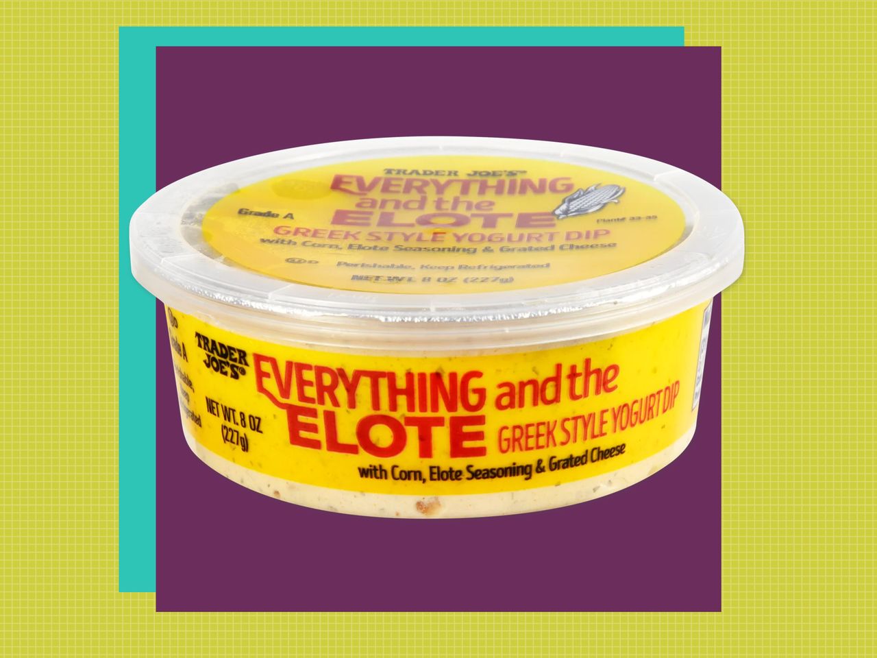 Everything and the Elote dip on a purple square with a teal drop shadow in front of a green grid background