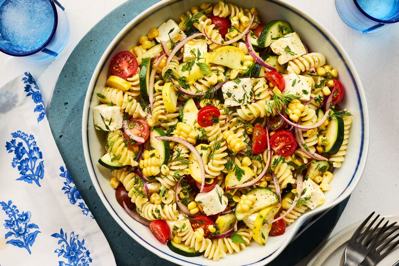 Southern Living Farm Stand Pasta Salad in a bowl ready to serve