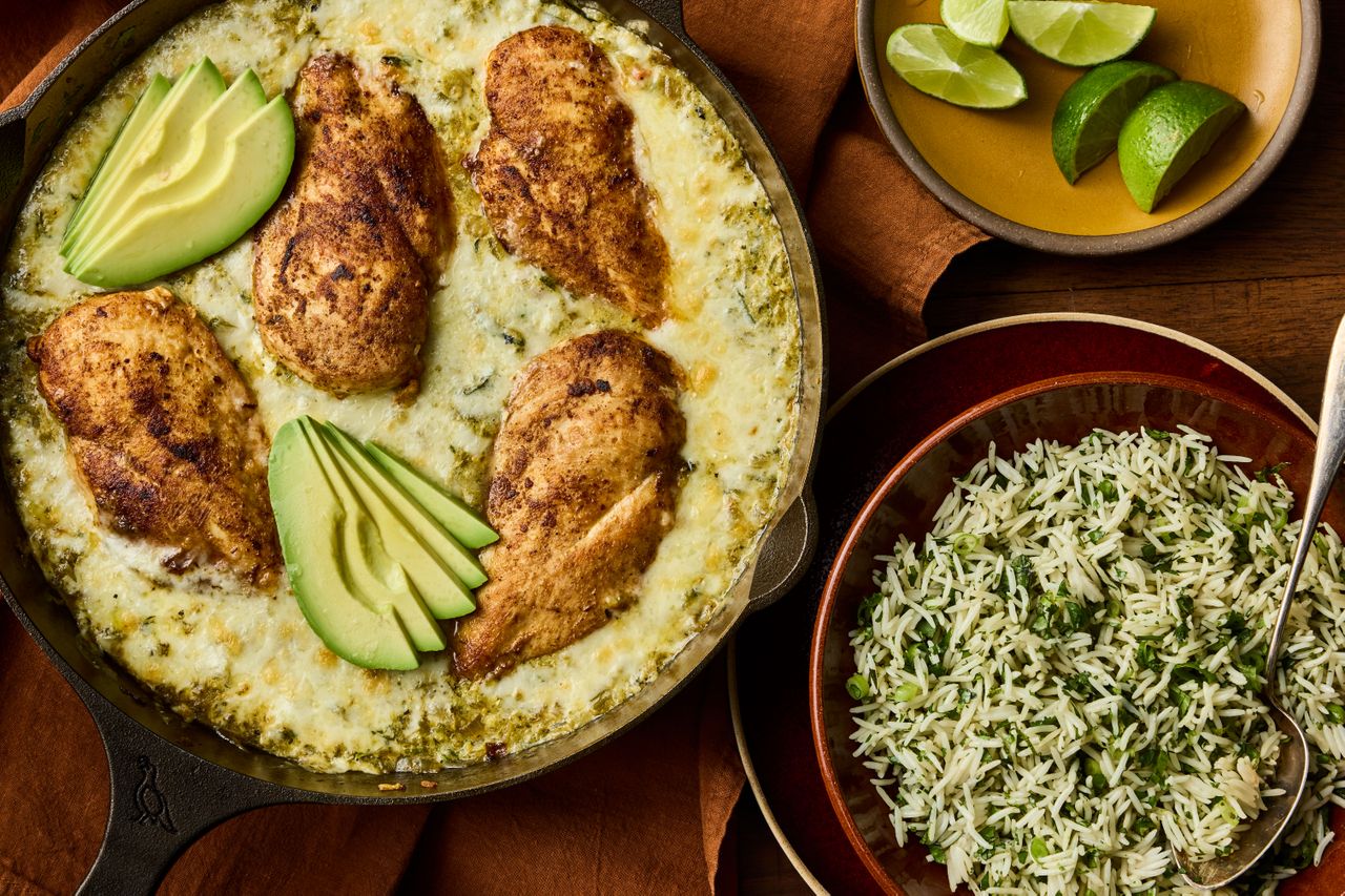 Southern Living Green Chile Chicken Skillet ready to serve with cilantro rice