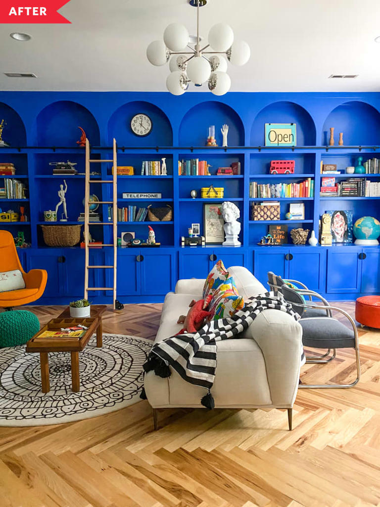 A bold color turned a beige everything living room into a family space