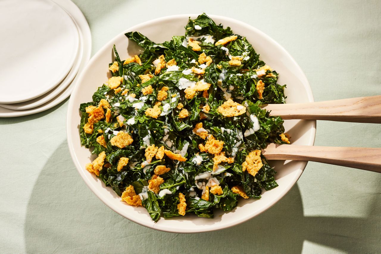 Southern Living Kale Caesar Salad tossed and ready to serve