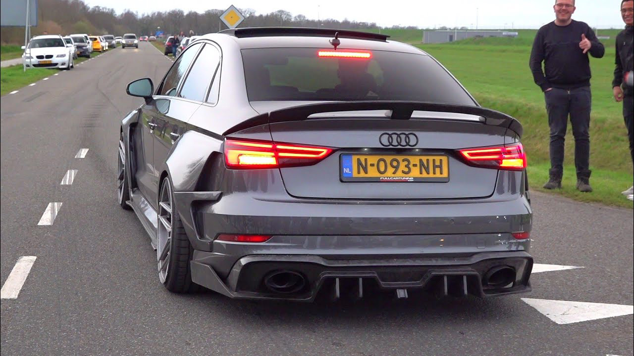 Modified cars leaving car show M5 F90 RS3 widebody Turbo S
