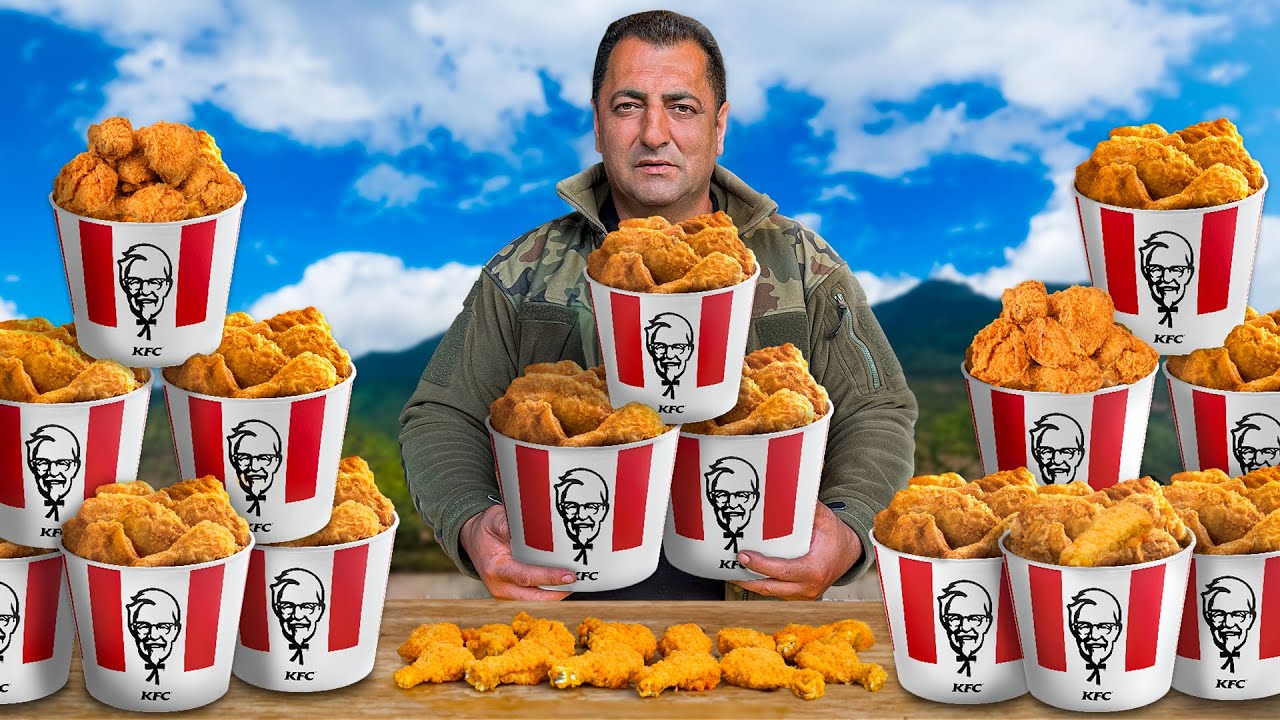 A whole bunch of KFC style chicken buckets cooked in the village