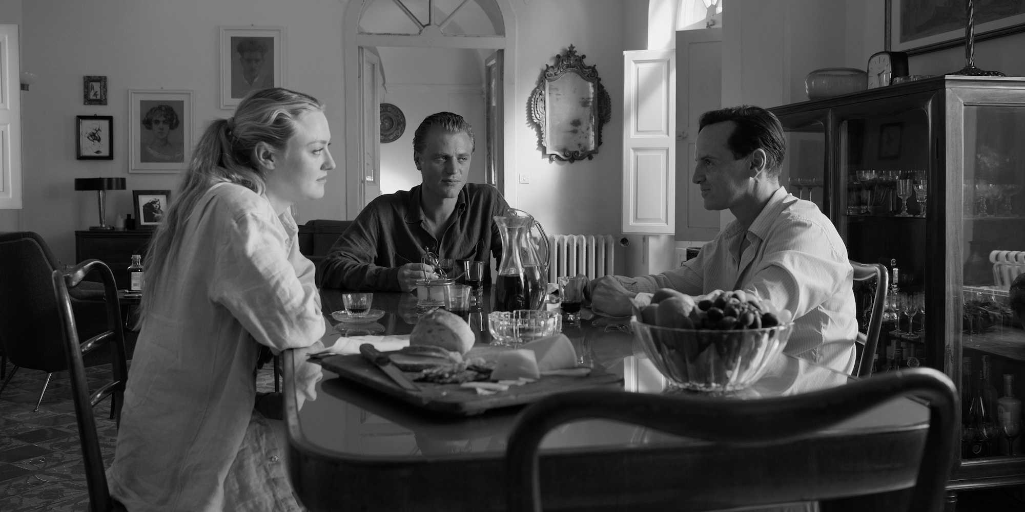 Dakota Fanning, Johnny Flynn, Andrew Scott sit around a table in Ripley series