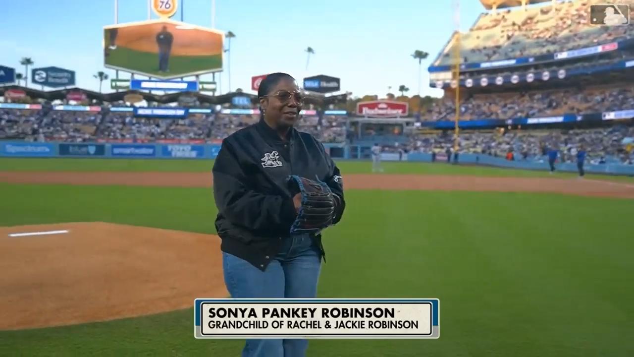 Moment: Jackie Robinson's grandchild, Sonya, throws out ceremonial ...