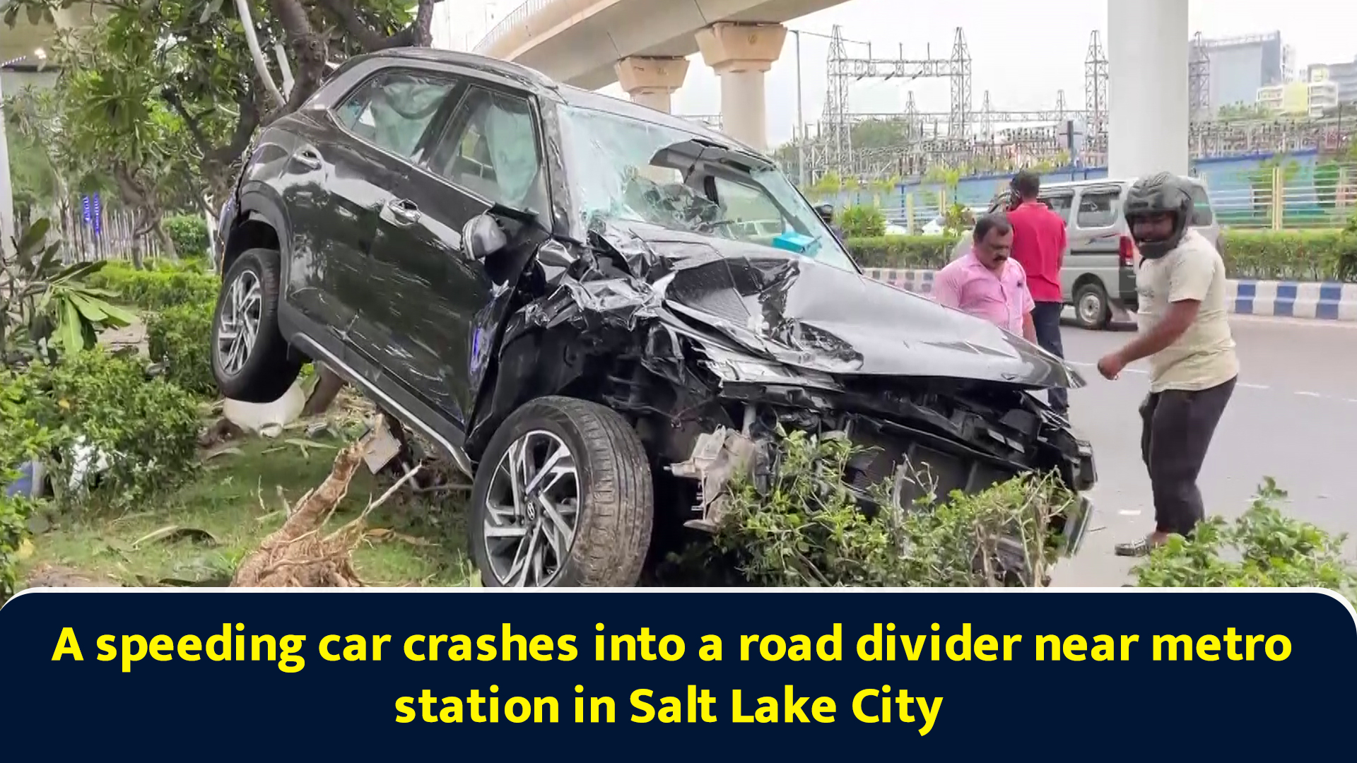 A speeding car crashes into a road divider near metro station in Salt ...