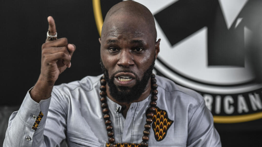 French anti-colonial activist Kemi Seba addresses a press conference on June 26, 2020 in Paris.