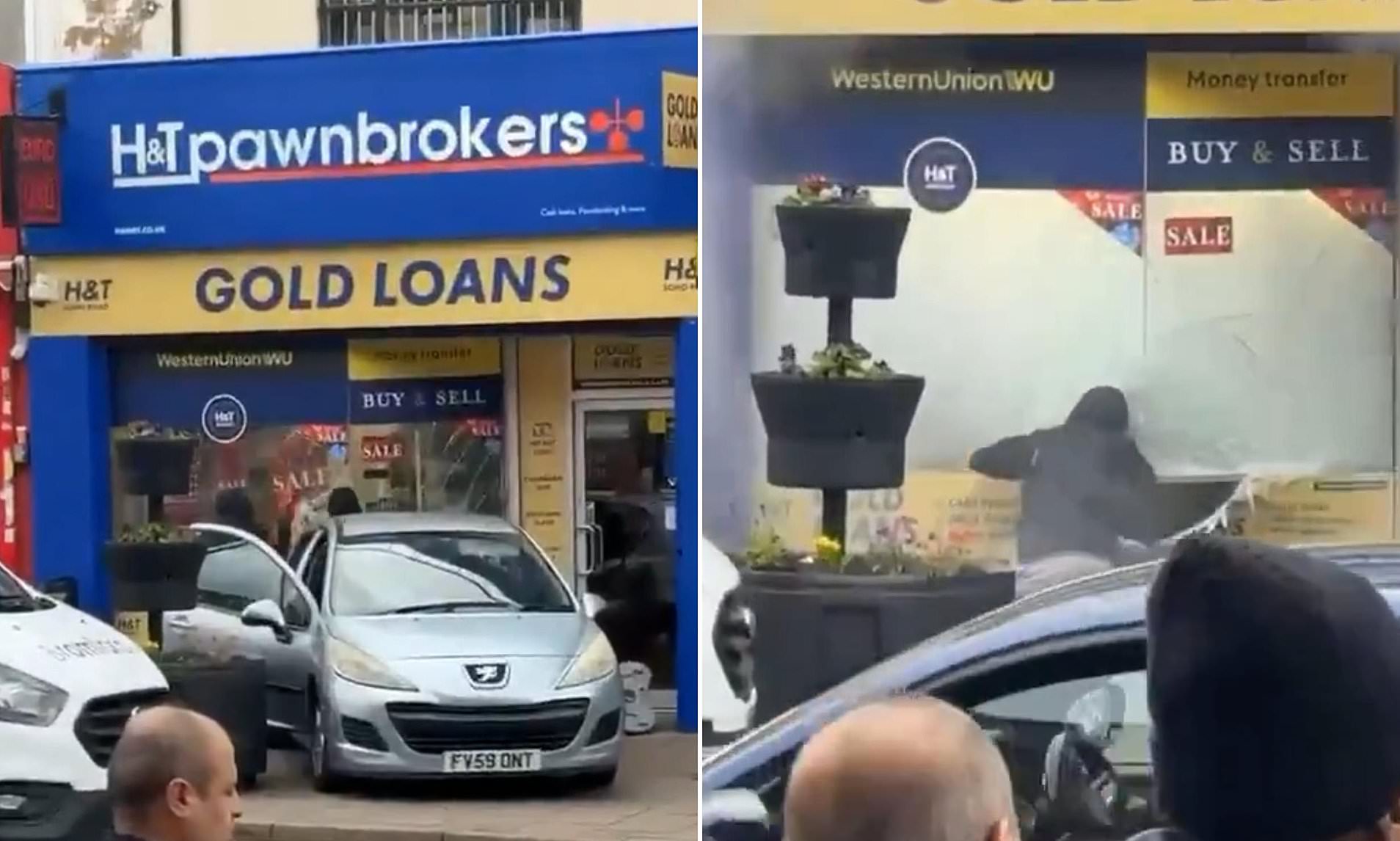 Moment masked gang ram car into pawnbrokers in daylight raid for gems and gold