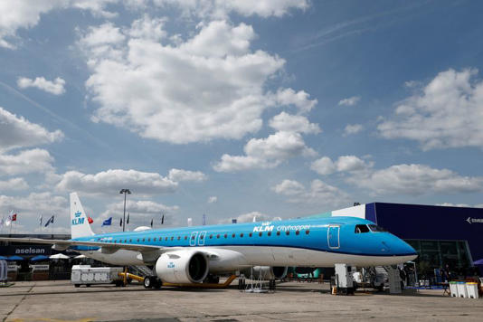 A KLM Embraer E195-E2 aircraft is displayed at the 55th International Paris Airshow at Le Bourget Airport near Paris, France, June 16, 2025. REUTERS/Benoit Tessier