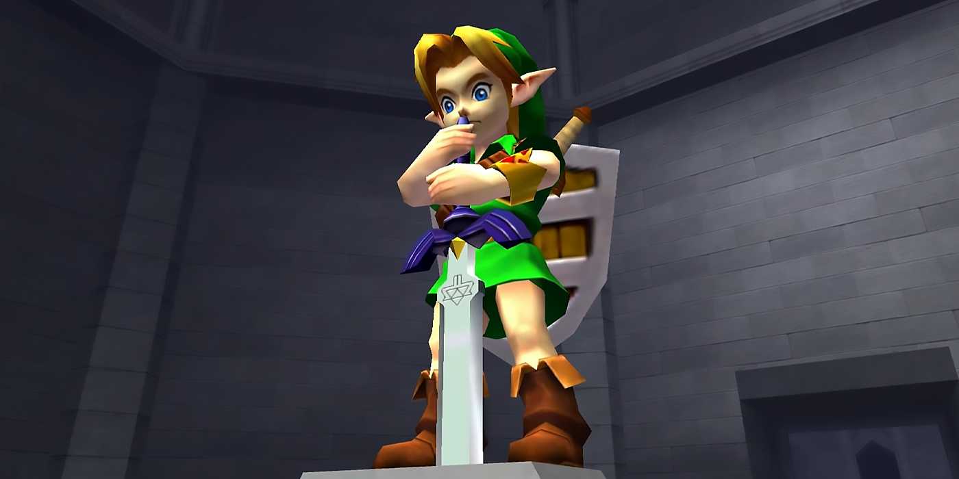 Link pulls the Master Sword from its pedestal in The Legend of Zelda: Ocarina of Time 3DS.