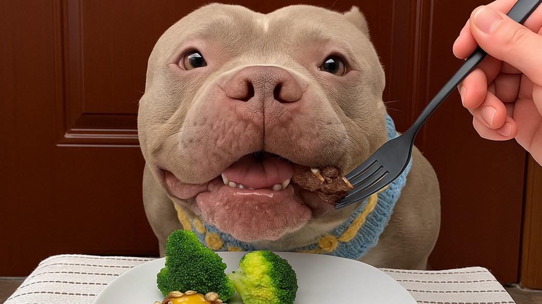 Dog enjoys a meal with a bite of food