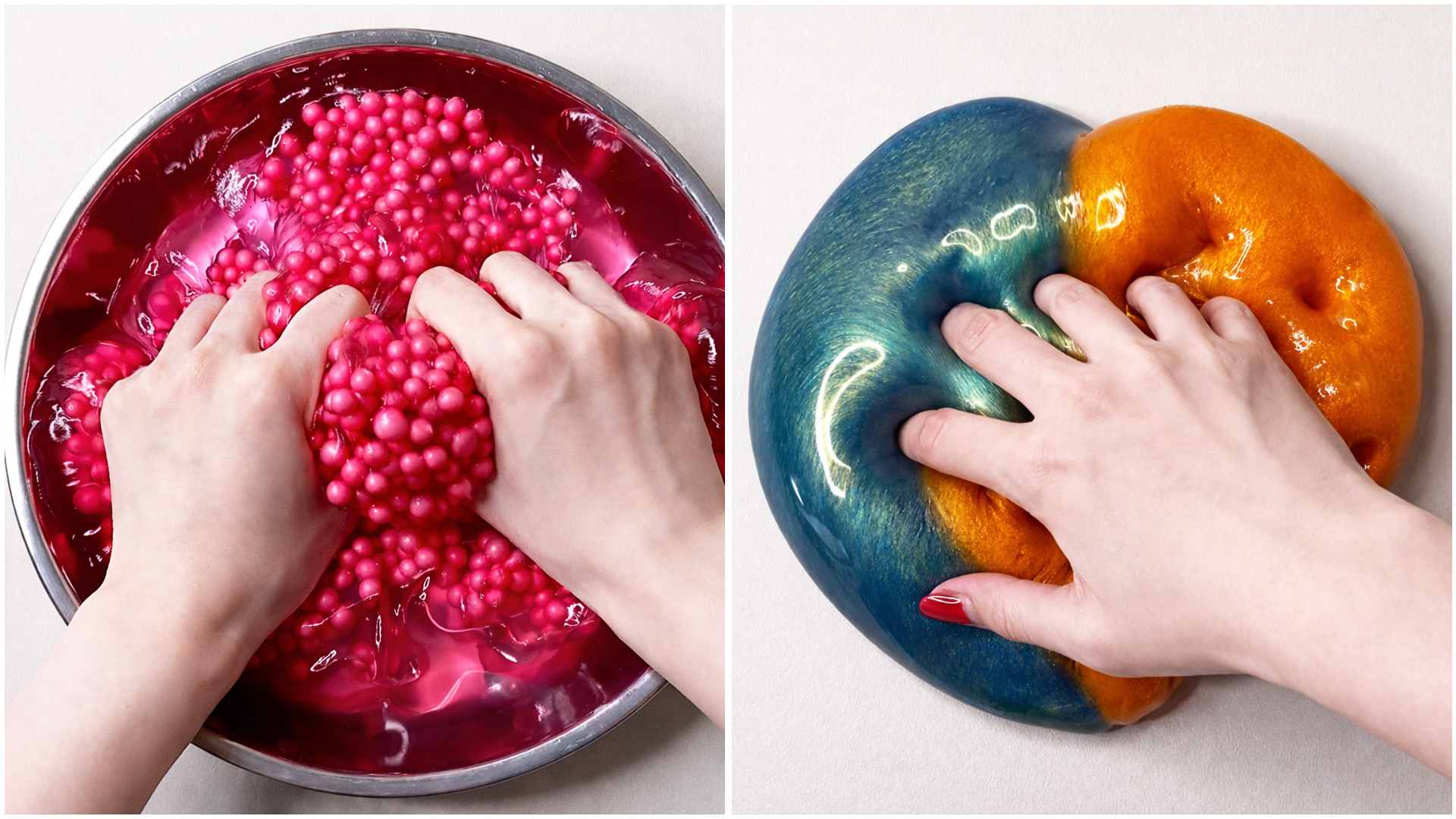 Glossy slime mixing with colorful beads and dual texture stretch