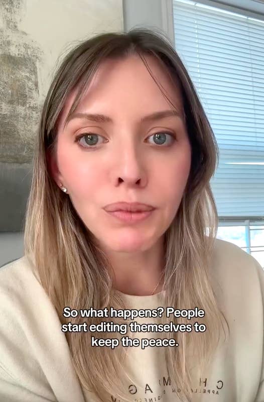 Woman with light hair discusses editing oneself to maintain peace. Text: "So what happens? People start editing themselves to keep the peace."