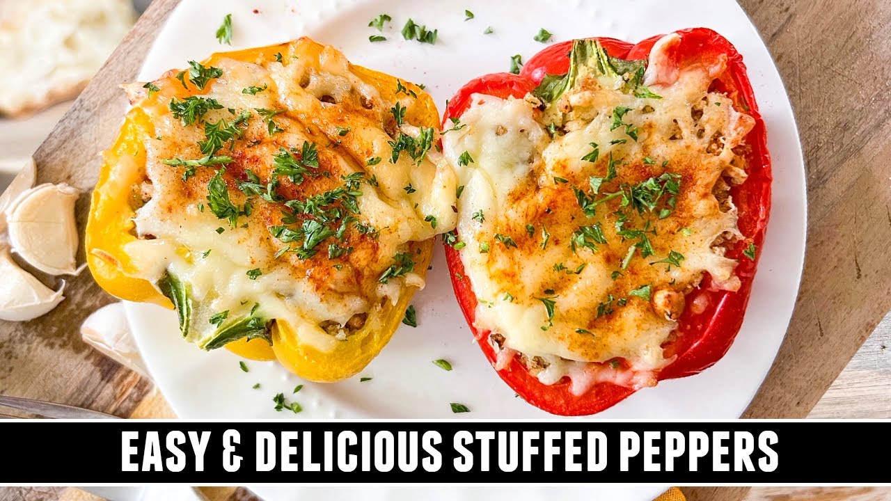 Spanish stuffed peppers with cheese and garlic bread