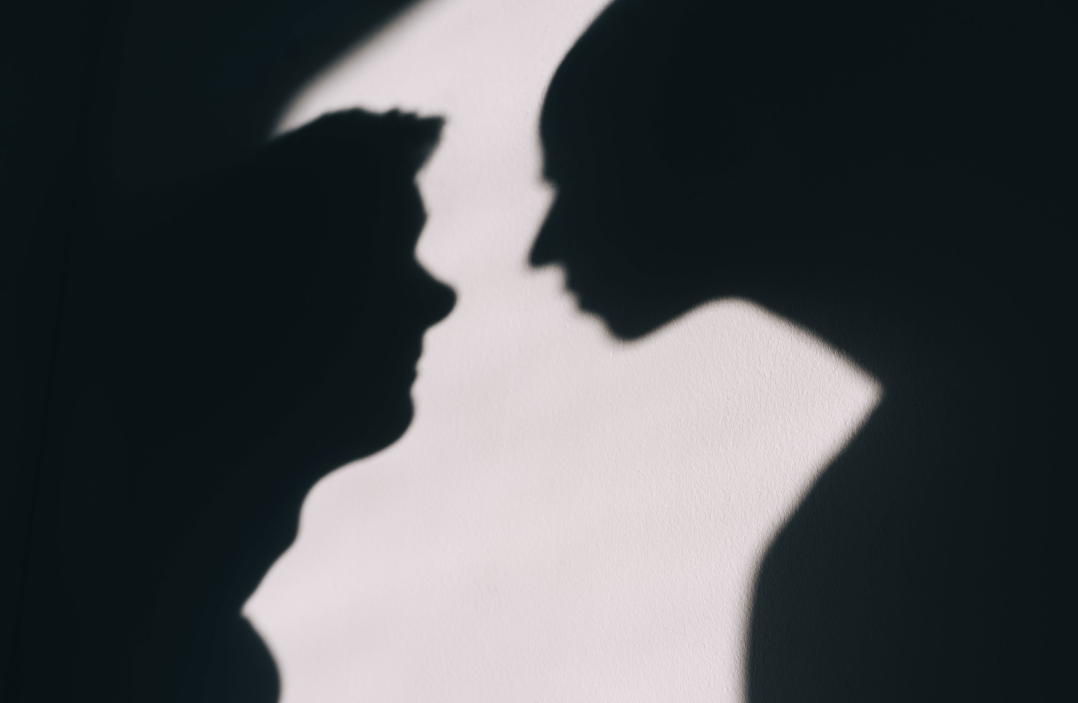 Two silhouettes facing each other in profile, creating a mysterious and dramatic visual contrast against a light background