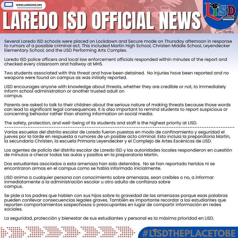 LISD schools placed on lockdown after threat report