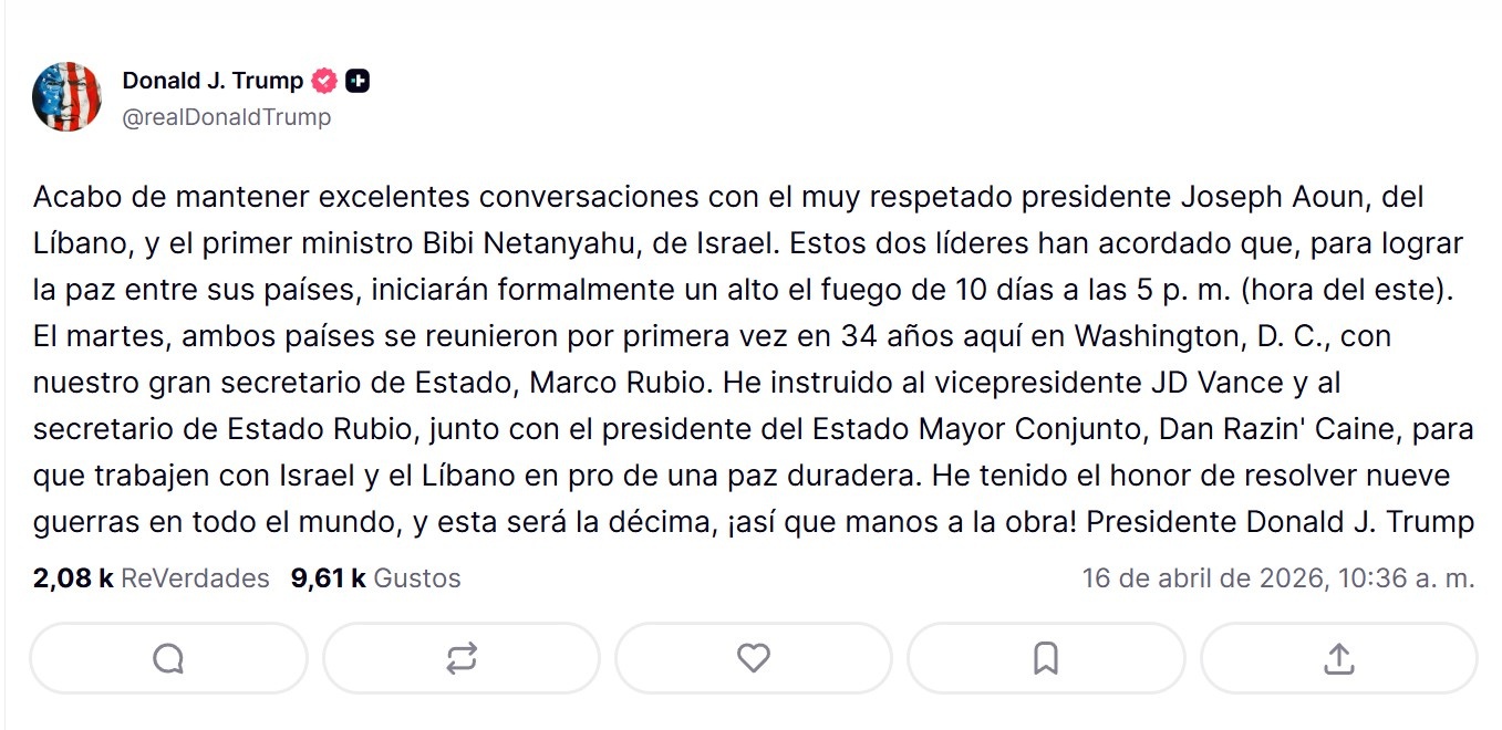 Trump anuncia un alto el fuego de diez días entre Israel y el Líbano