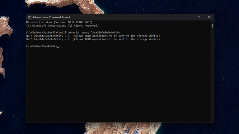 Checking whether TRIM is enabled in Command Prompt.