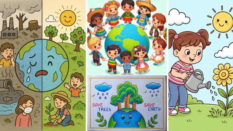 Earth Day creative drawing ideas for kids showing clean planet ...