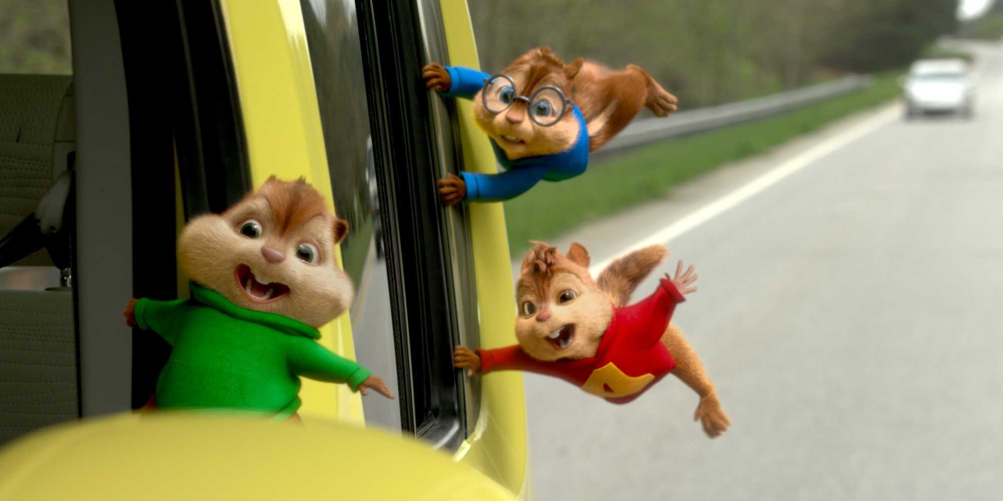 Alvin Simon and Theodore holding onto a car in Alvin and the Chipmunks The Road Chip
