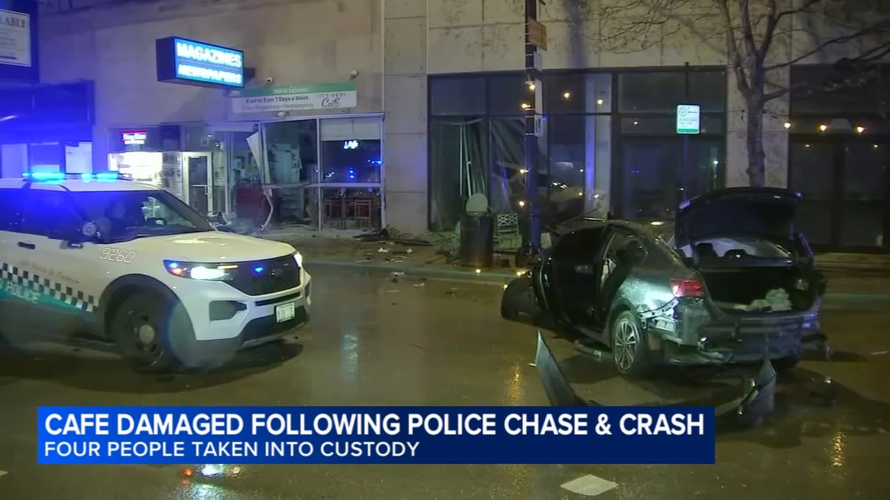 4 arrested after stolen car crashes into cafe amid police chase, CPD says