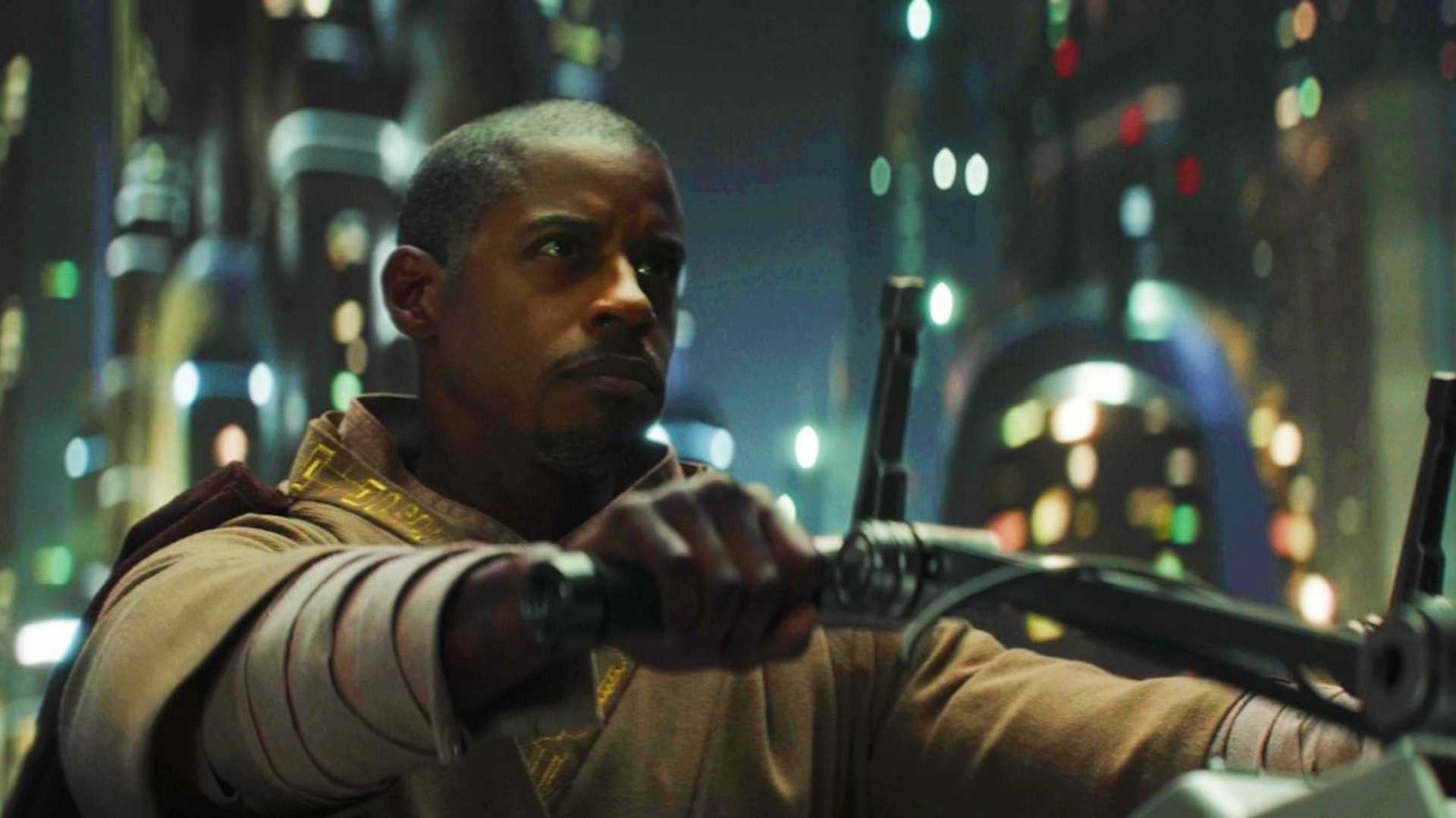 Ahmed Best as Kelleran Beq riding a speeder at night in The Mandalorian