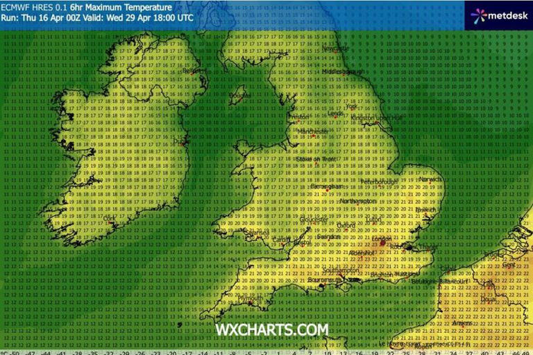 UK weather map goes scorching red with 23C heat set for 29 counties ...