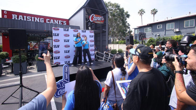 NCAA champs Kiki Rice and Lauren Betts thank UCLA fans during Hollywood ...
