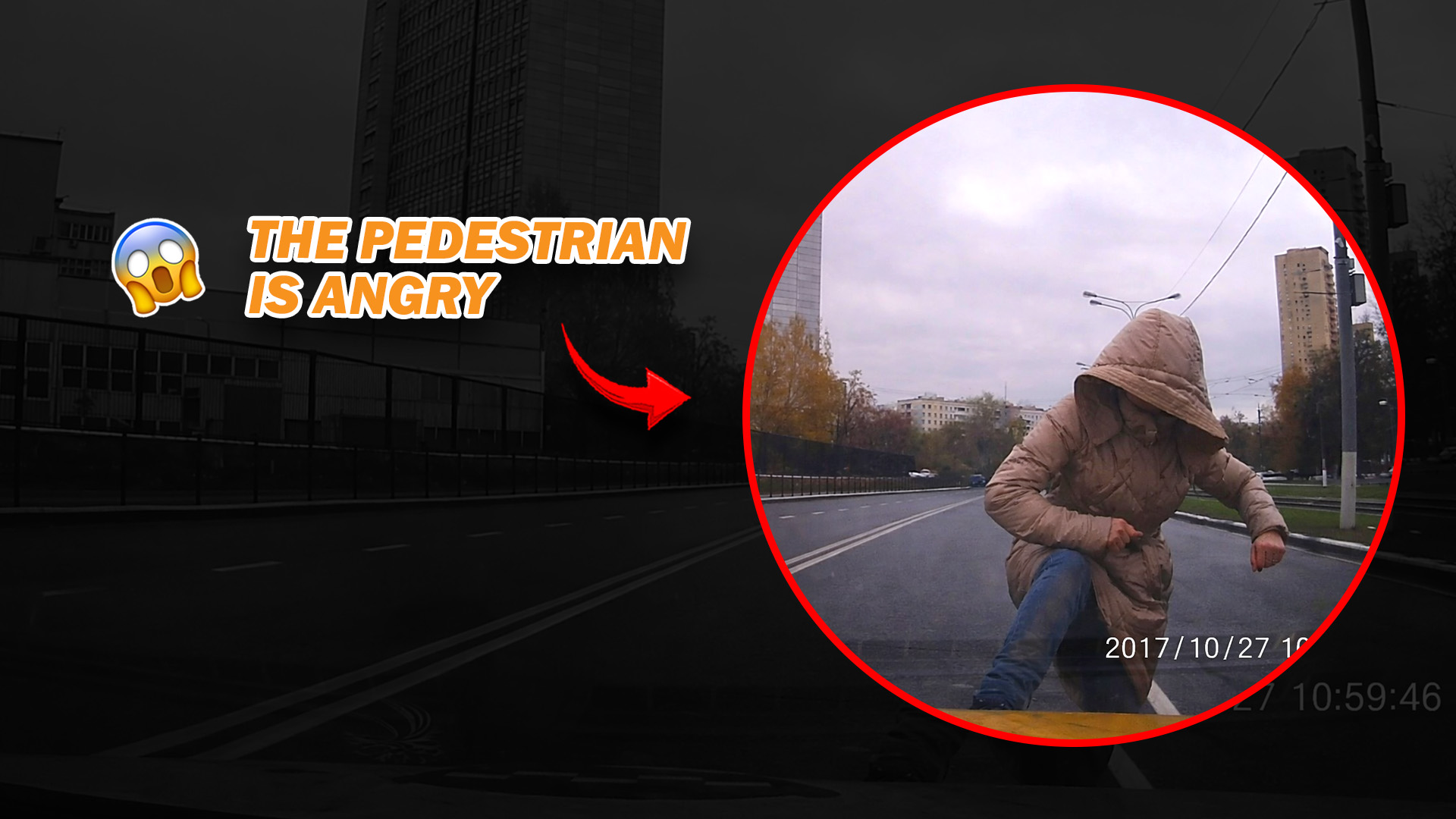 Angry pedestrian confronts car at a traffic light