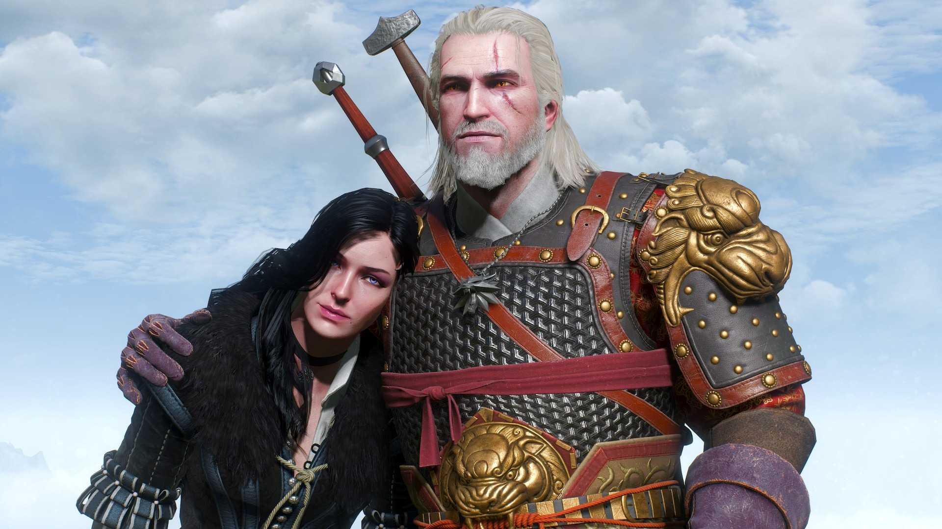 Geralt of Rivia and Yennefer in front of a blue sky in The Witcher 3