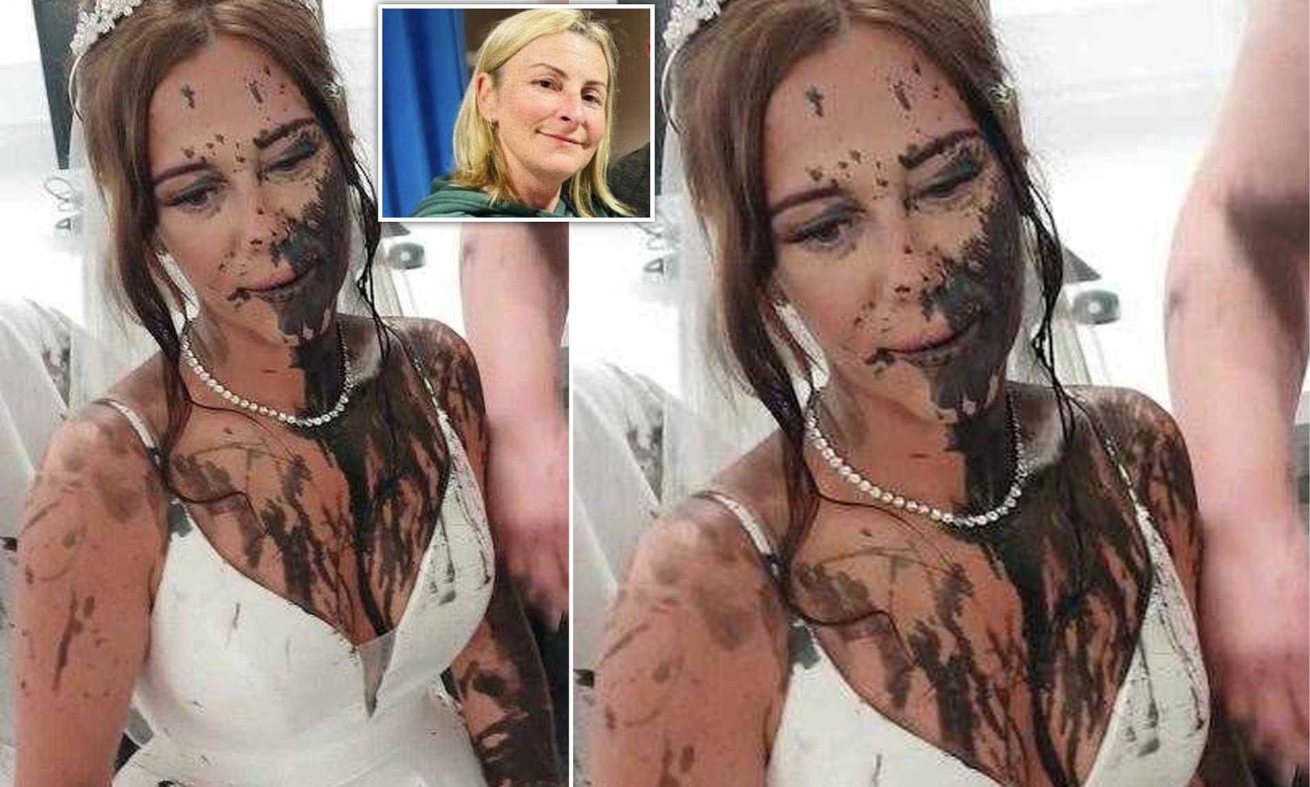 Gemma Monk, the bride, covered in black paint after an attack by her sister-in-law.