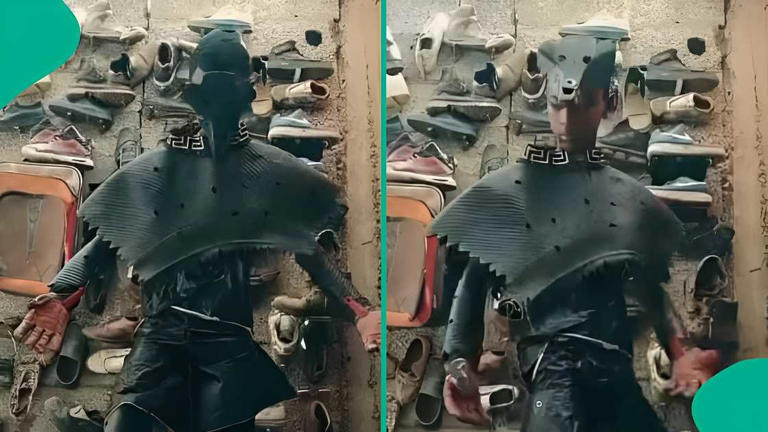 Young man makes stunning outfit with bicycle seat and water boot ...