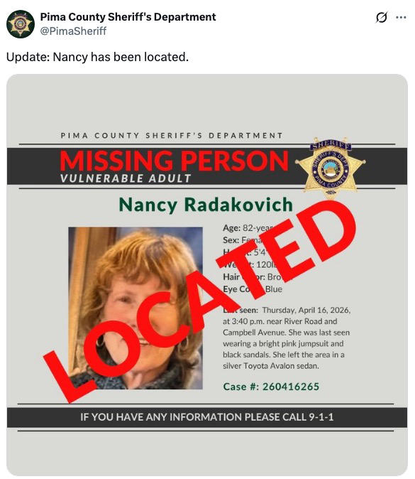 The Pima County Sheriff’s Department was criticized for the misleading “Update: Nancy has been located” post.