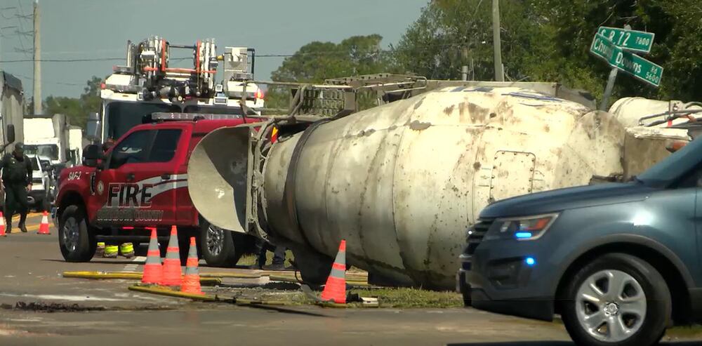 2 hospitalized after cement truck overturns in Sarasota crash