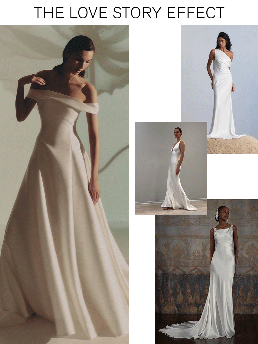 a collage of models wearing white simple gowns.