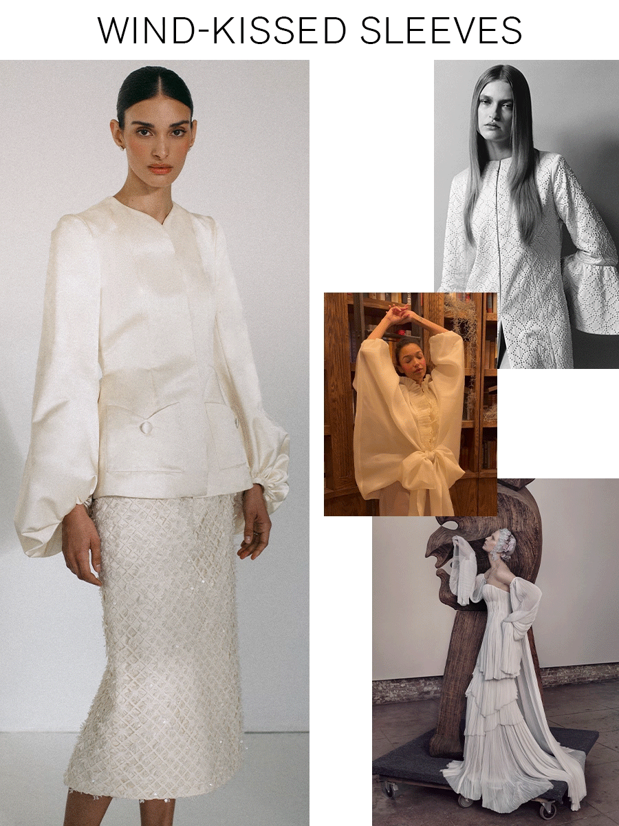 a collage of wind-kissed sleeeves bridal looks