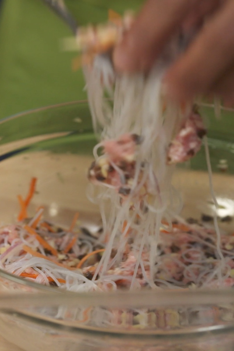 Rollitos de primavera crujientes rellenos de setas y fideos