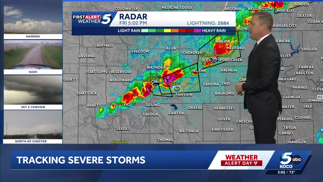 Severe storms continue to track across Oklahoma Friday, April 17, 2026