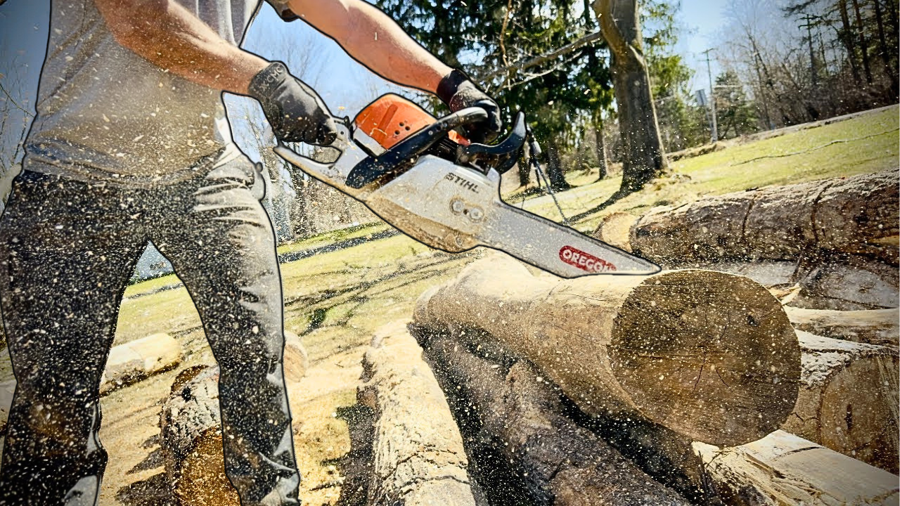 Splitting hickory and maple with a Stihl chainsaw