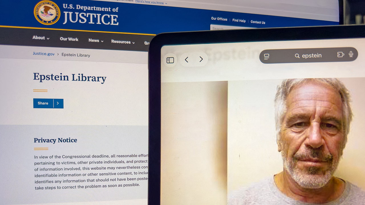 A tablet screen displays a portrait of Jeffrey Epstein alongside the U.S. Department of Justice webpage titled Epstein Library in Washington, D.C., on Feb. 11, 2026.