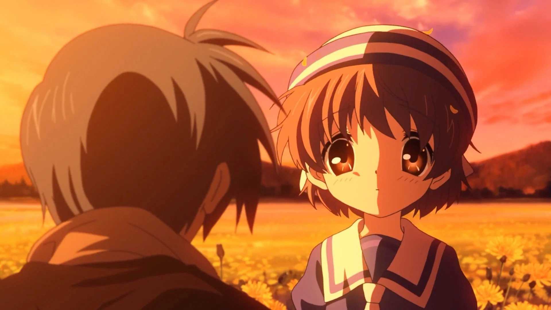 A young girl looks wide eyed at a boy in a field in Clannad After Story