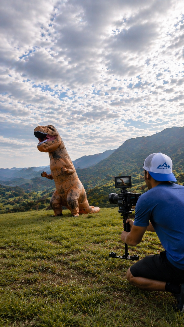 Behind the scenes shows T-Rex filming setup